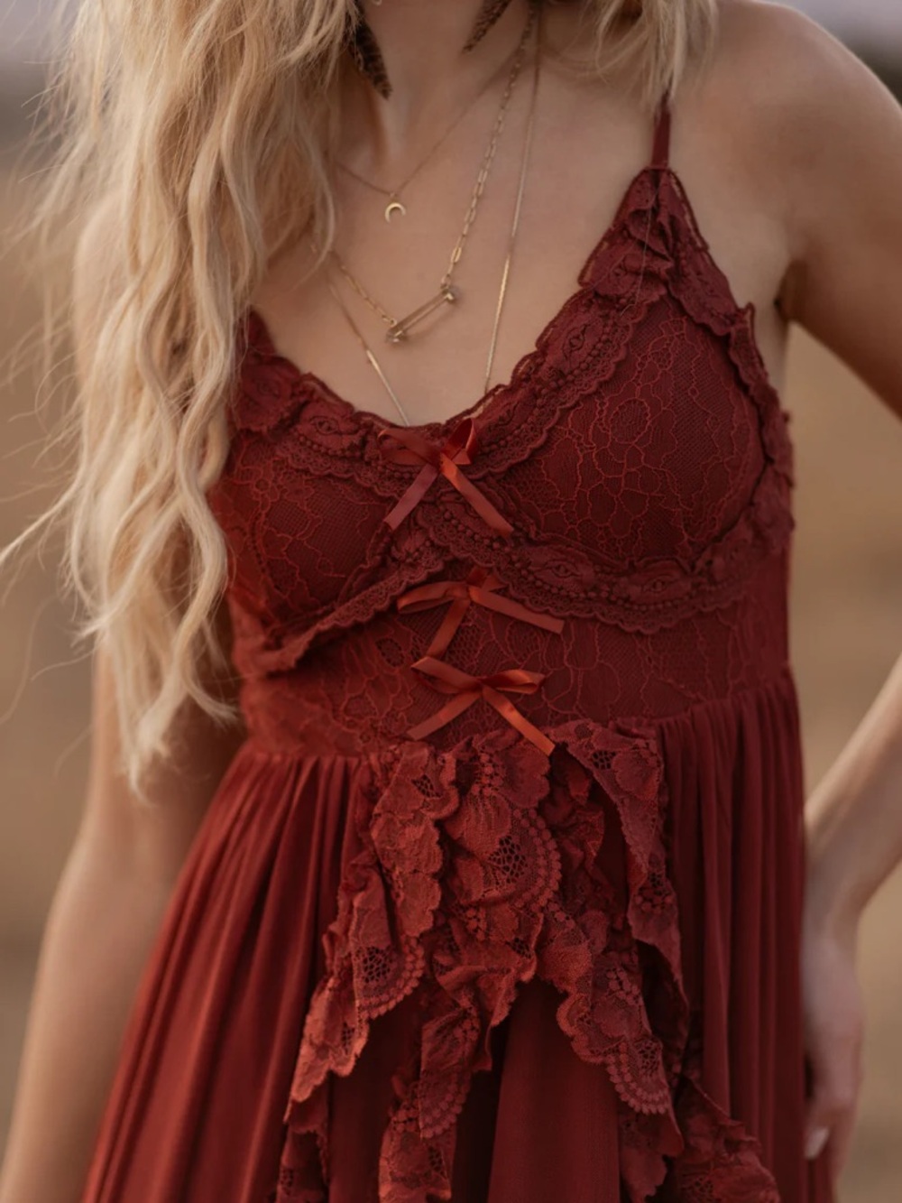 Joyfolie Rust Red High-Low Ruffle Maxi Dress - Picture 3 of 3